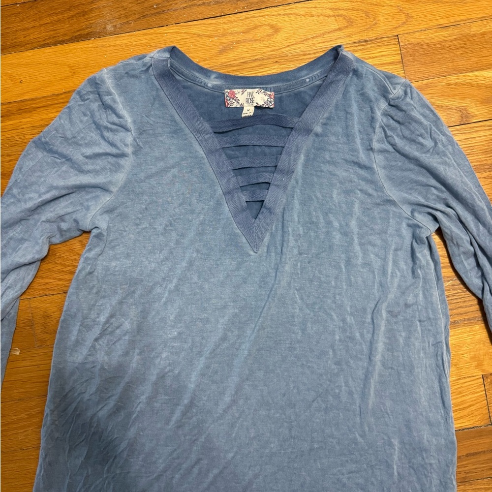 Pink Rose Blue Long Sleeve V-Neck Top with Ladder Detail